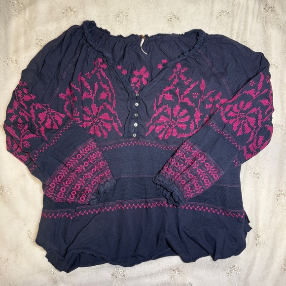 Free People 100% Cotton Navy Blue and Pink Embroidered Long Sleeve Blouse Size M - Picture 1 of 6